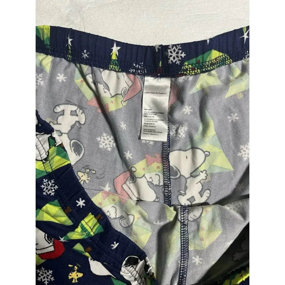 Peanuts Snoopy Season Christmas Pajama Set Boys L 12-14 Holiday PJ Navy